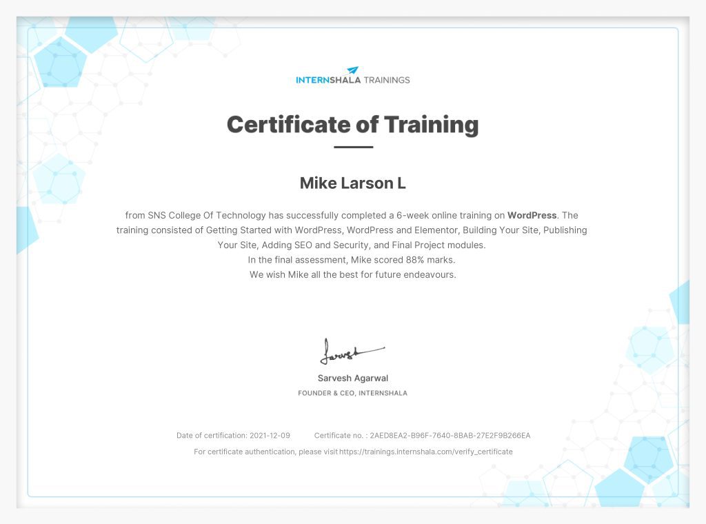 WordPress Web Designing Training - Certificate of Completion